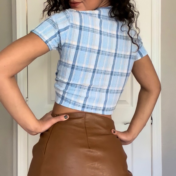 90's Vintage Jane Ashley Baby Blue Scrunch Cotton Plaid Button Down Blouse - Picture 2 of 4